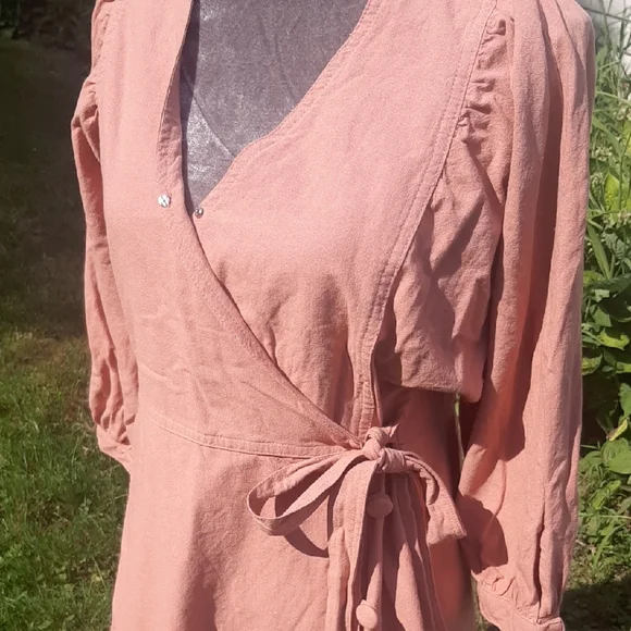 Moon🌛RiverCOTTON Dusty🎀PinkLong Sleeve Wrap Dress SIZE L Mini - Picture 8 of 12